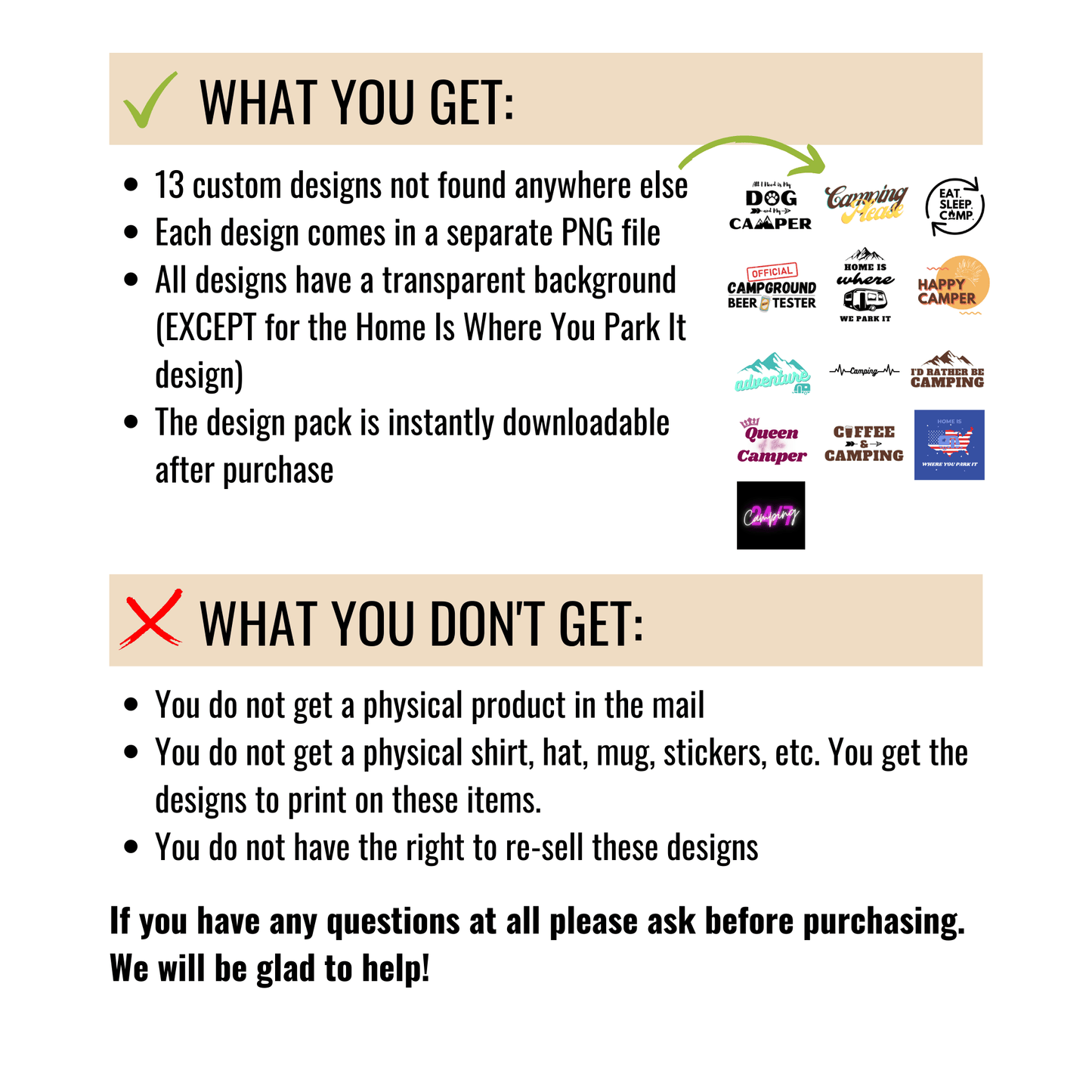 Printable Designs for Stickers, Shirts, Hats, Mugs, & More - Camper FAQs
