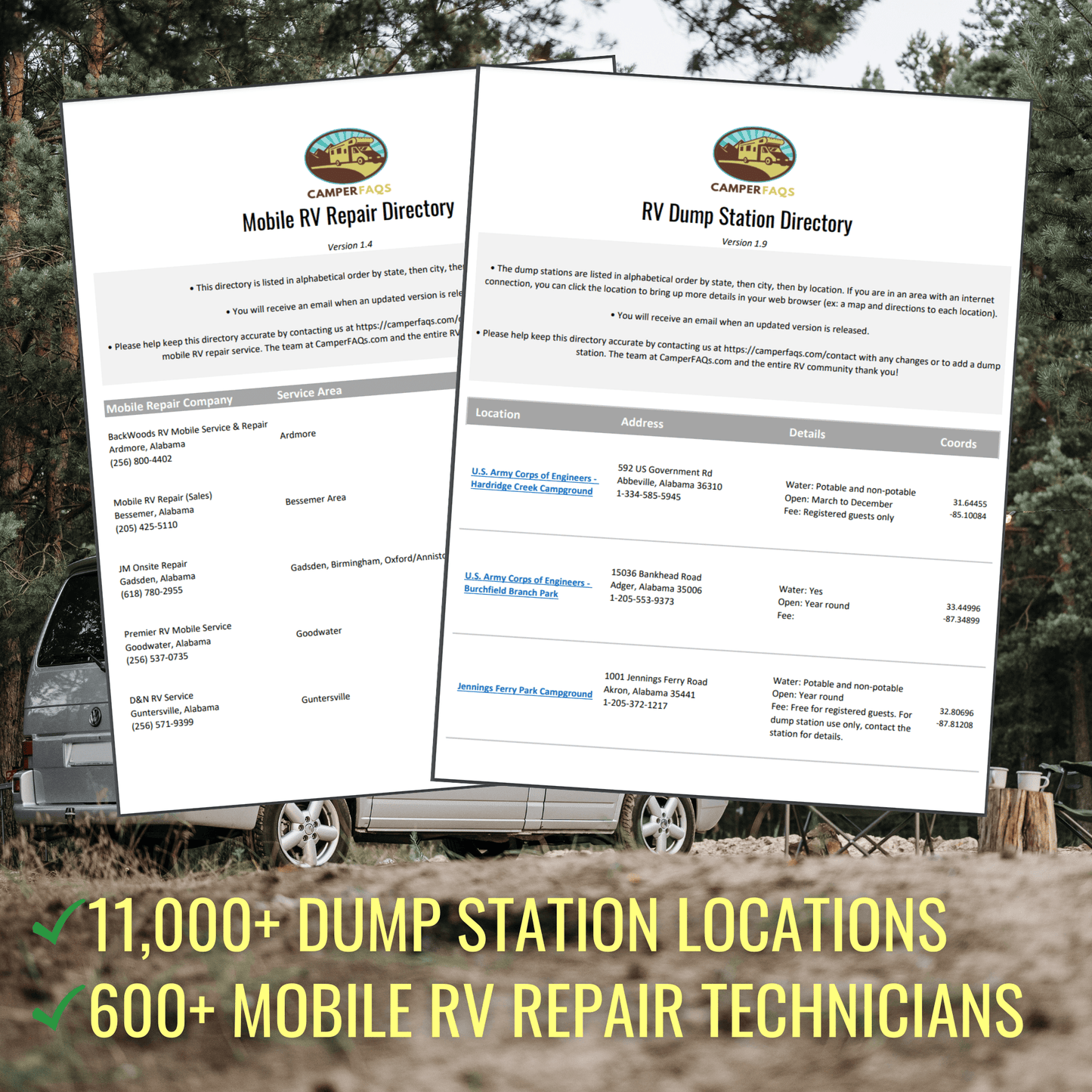 RV Dump Station & Mobile Repair Directory Bundle - Camper FAQs